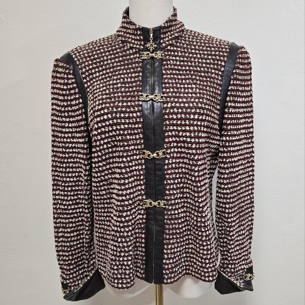 St. John Collection Vintage Tweed Leather Gold Blazer Lady Jacket Size 6